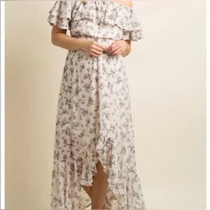 PinkBlush Cream Floral Off the Shoulder Ruffle Slit Maternity Dress